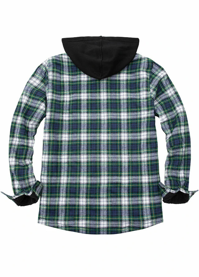 Back view of green and white men's stylish flannel hooded jacket