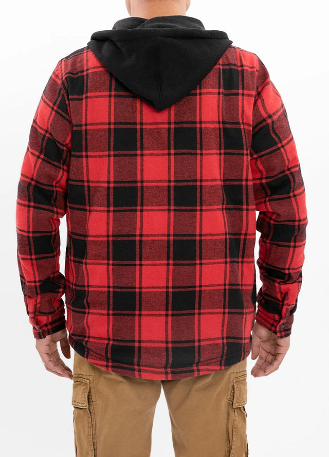 Back view of a man in red black men's cozy flannel hooded shacket