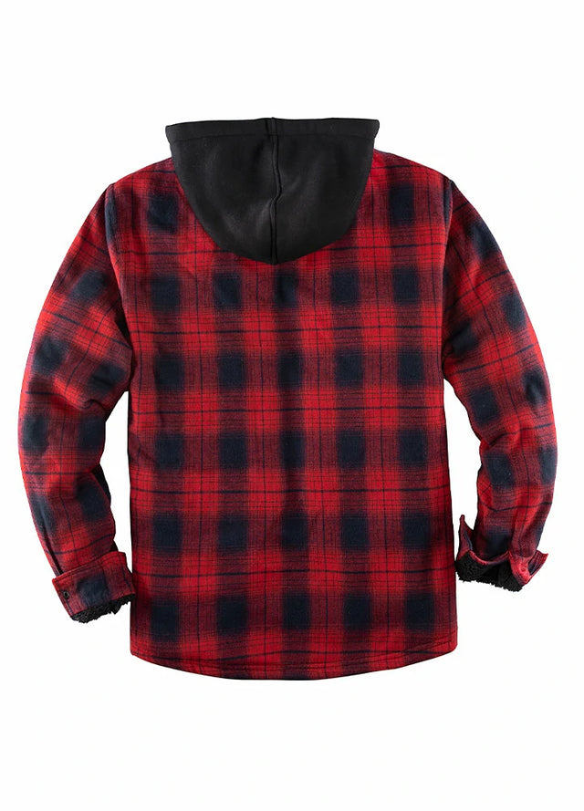 Back view of red and black men's warm flannel hoodie with sherpa lining