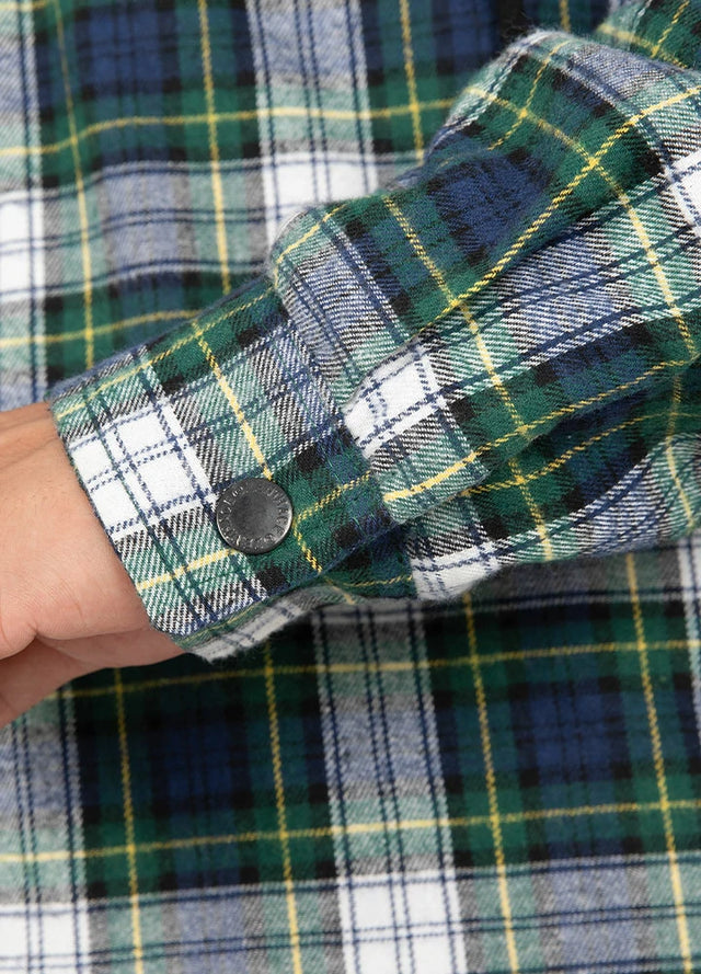 Close-up of a man wearing a men's stylish green and white flannel jacket showing the cuffs