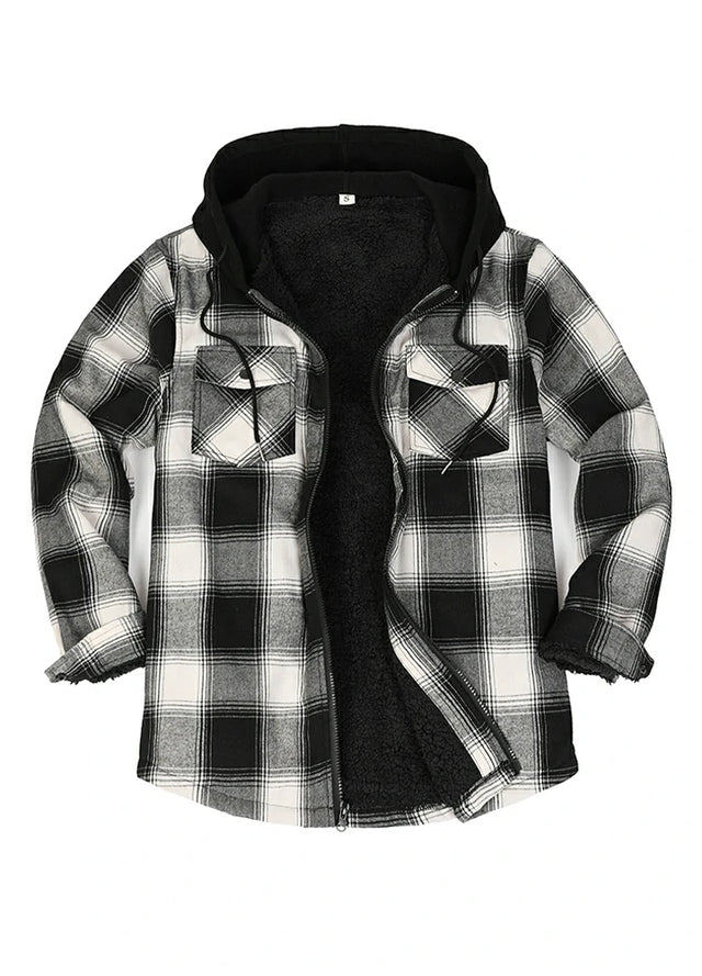 Front view of men's white black cozy sherpa lined jacket