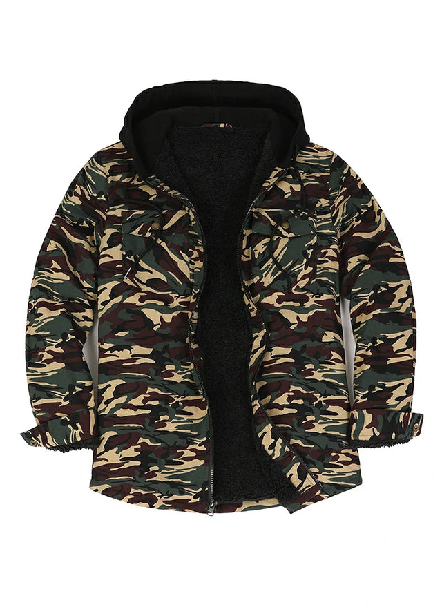 Front view of men's camouflage zipper flannel hooded shacket