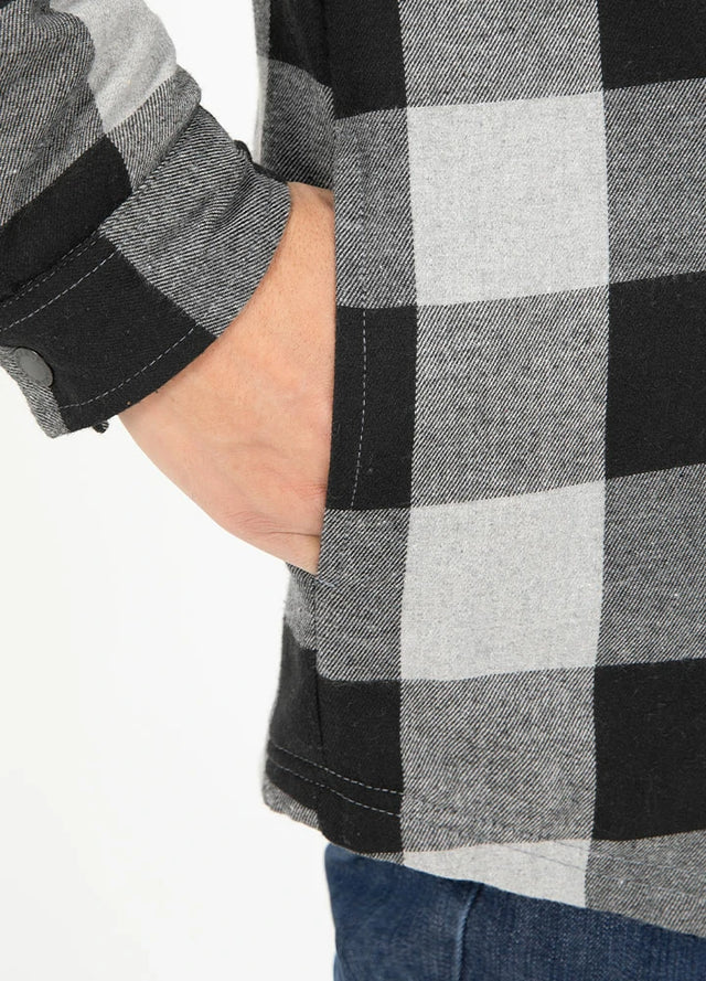 Close-up of the seam pocket of a gray mens sherpa lined flannel jacket with hood