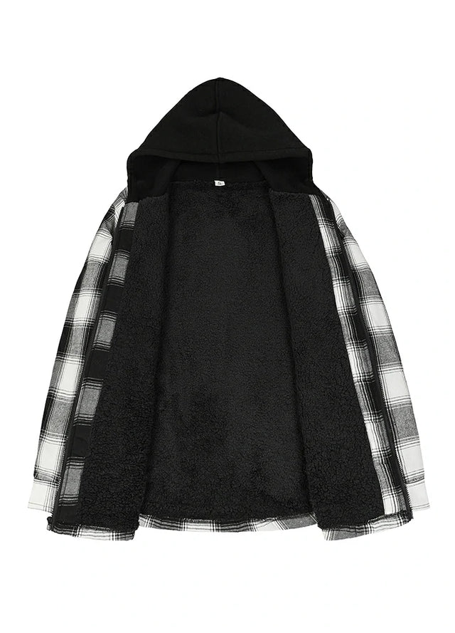 Front view of the lining of men's white black cozy sherpa lined hooded jacket