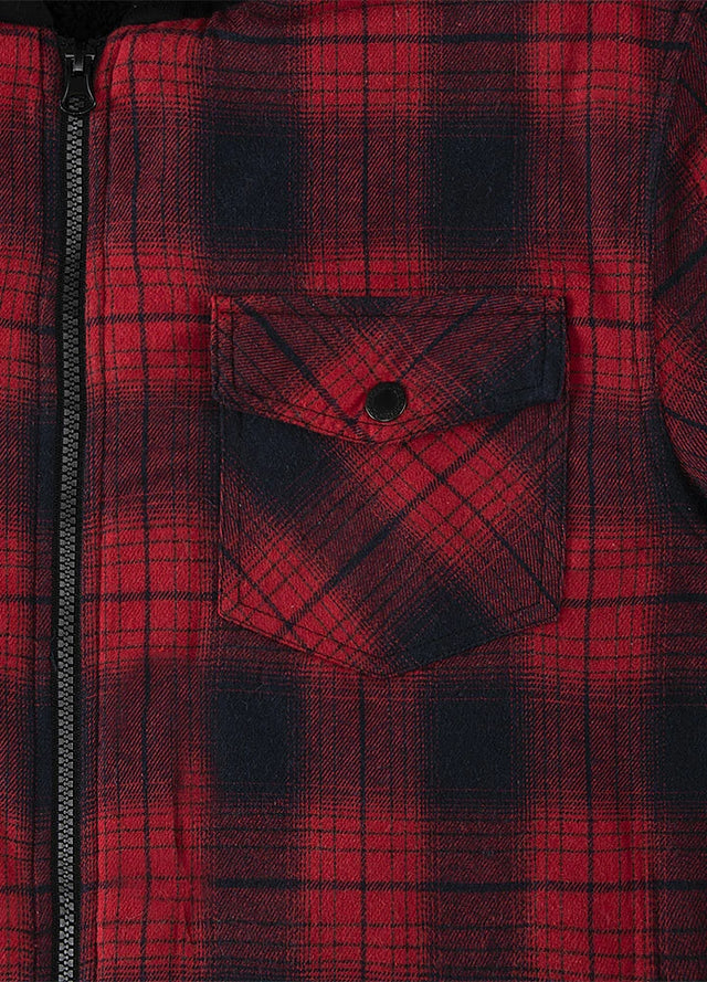 Close-up of the pocket of a red and black men's flannel hoodie with sherpa lining