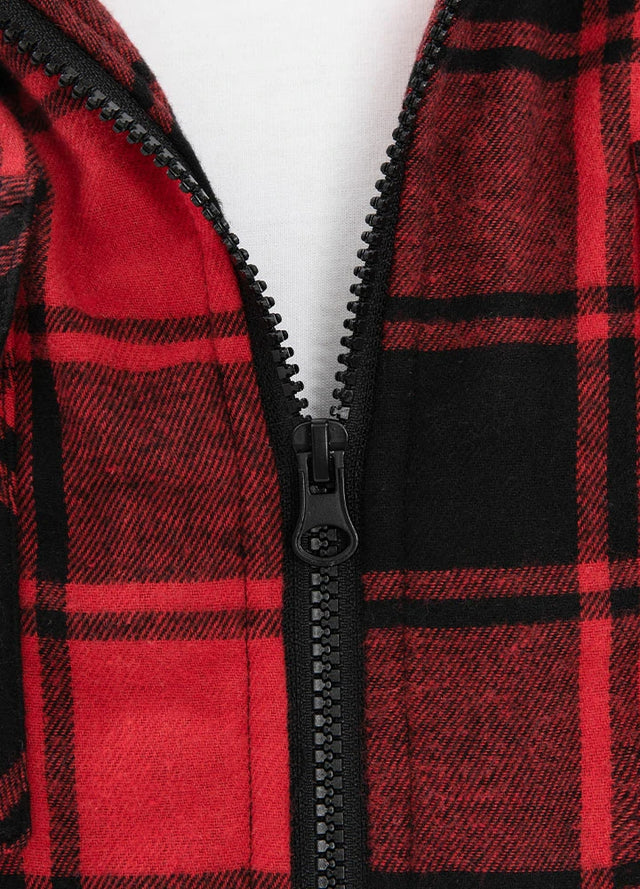 Close-up of the zipper of a red black men's sherpa lined flannel jacket with a hood