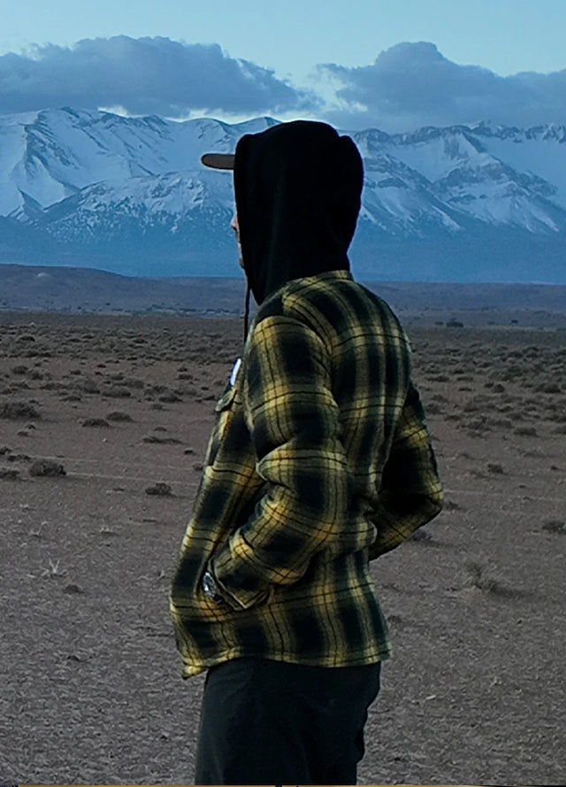 Side view of the yellow and black men's stylish sherpa-lined cozy flannel hoodie