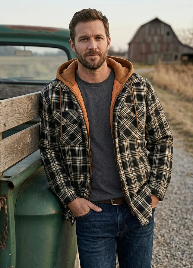 Front view of a man wearing a yellow black men's thicken plaid hooded flannel jacket with quilted lined-XR105AYB-M,XR105AYB-L,XR105AYB-XL,XR105AYB-XXL