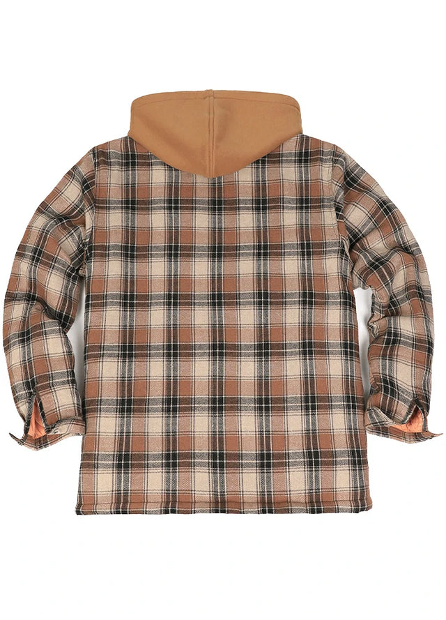 Back view of a brown black warm quilted lined flannel shacket for men