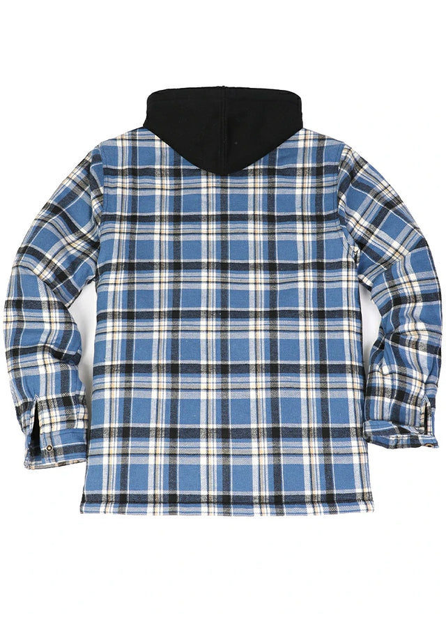Back view of a blue and white men's cozy quilted lined flannel jacket
