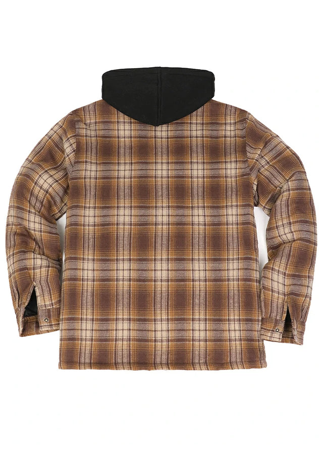 Back view of coffee khaki men's plaid hooded with quilted lined
