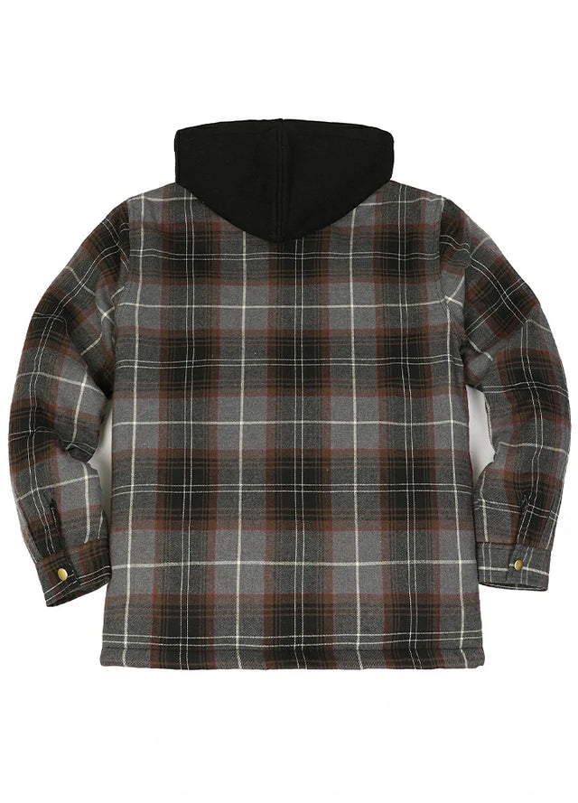 Dicke, karierte Flanellhemdjacke mit Kapuze und gestepptem Futter für Herren
