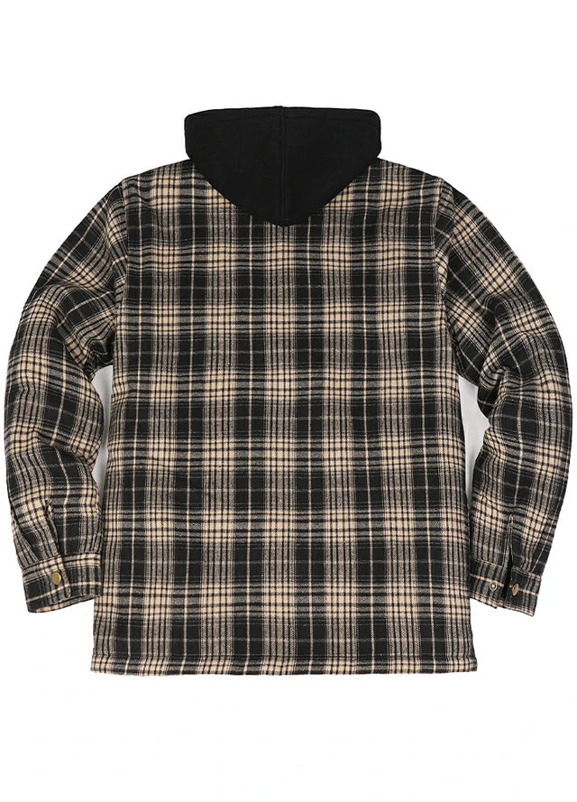 Back view of a khaki black men's cozy quilted lined flannel jacket