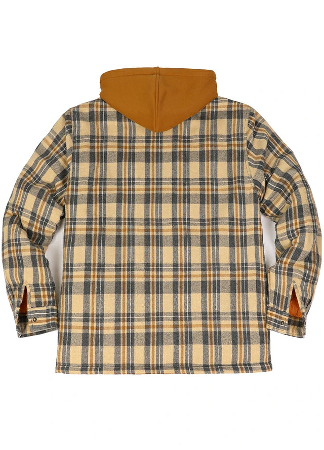 Back view of a men's khaki gray men's quilted lined flannel shirt hooded