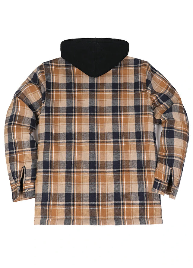 Back view of a latte navy warm men's plaid quilted lined hoodie