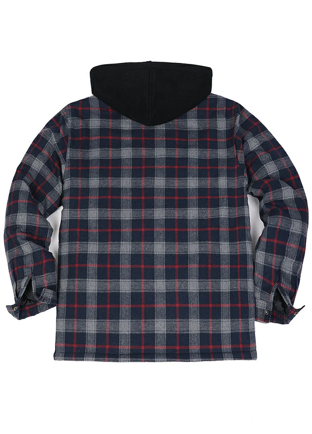 Dicke, karierte Flanellhemdjacke mit Kapuze und gestepptem Futter für Herren