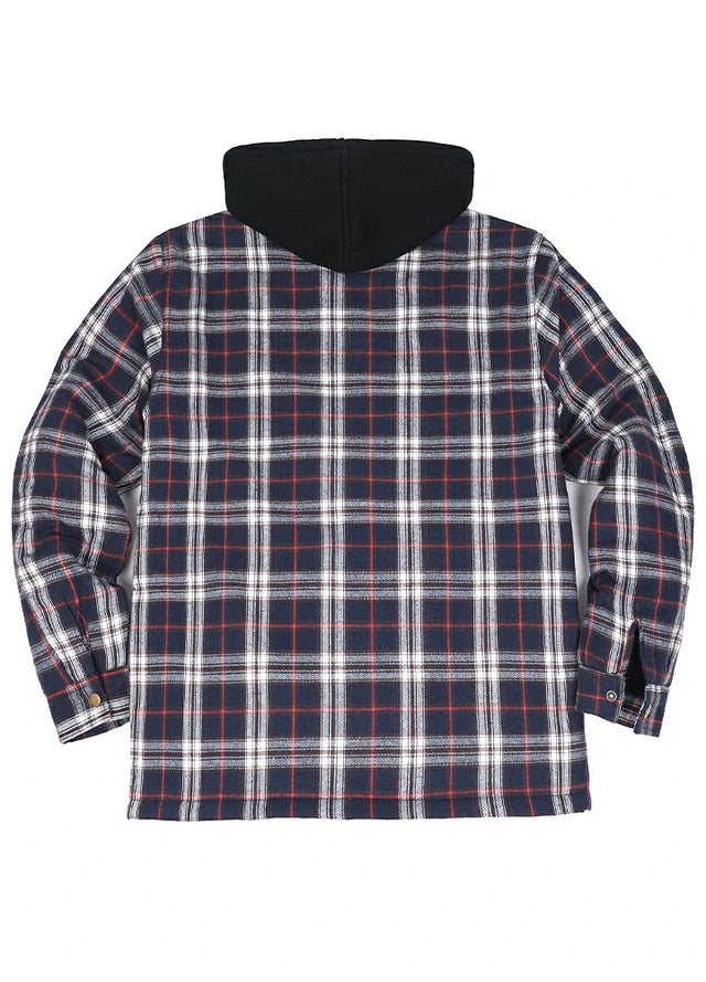 Dicke, karierte Flanellhemdjacke mit Kapuze und gestepptem Futter für Herren