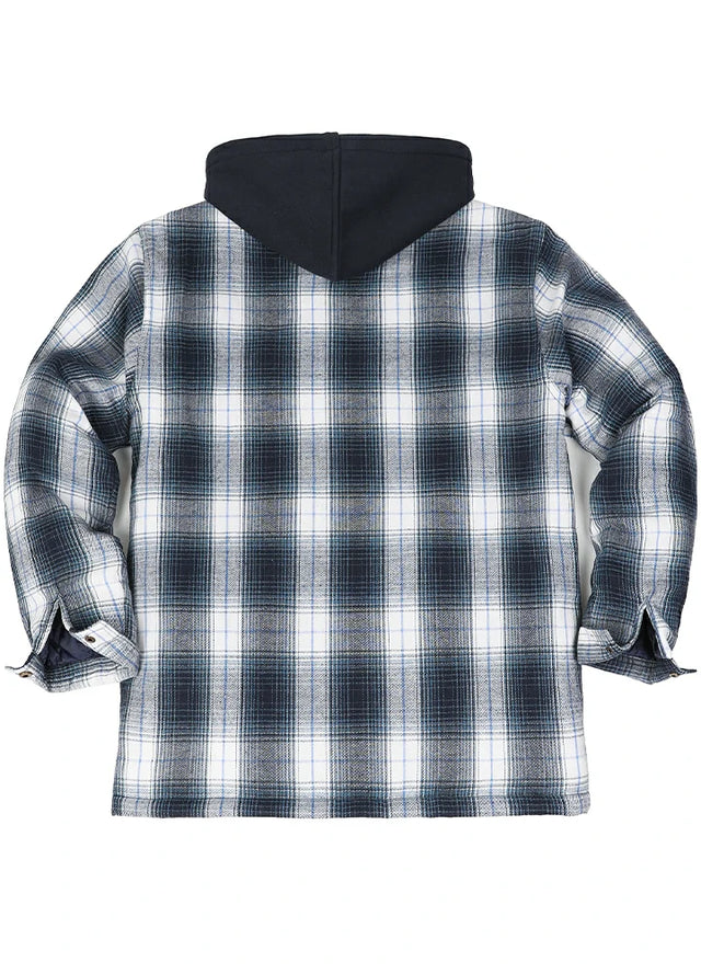 Back view of a men's navy white quilted lined flannel hooded jacket