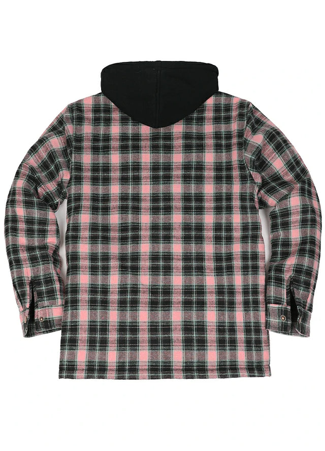 Back view of the pink and black plaid quilted lined shacket for men