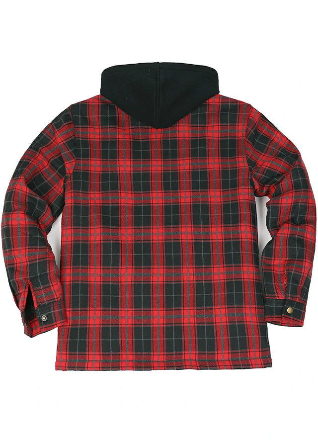 Back view of a men's red black quilted lined flannel jacket