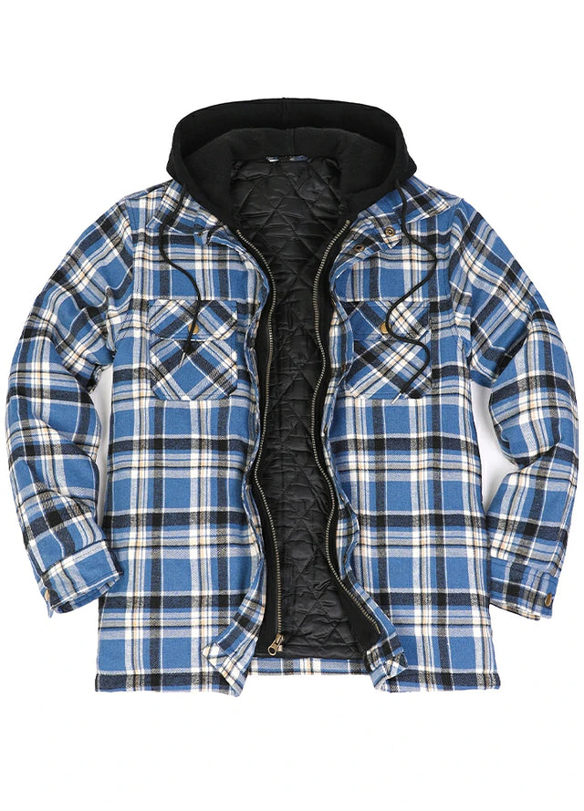 Front view of a blue and white men's warm quilted lined flannel jacket