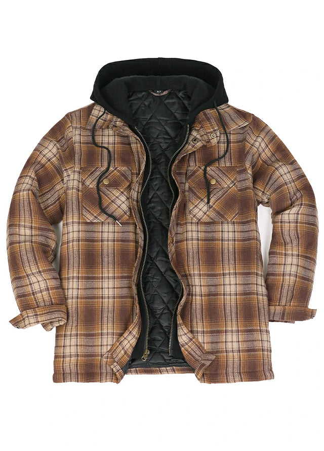 Front view of coffee khaki men's plaid hooded with quilted lined