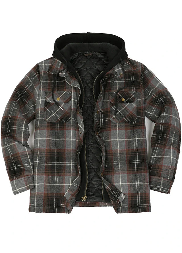 Dicke, karierte Flanellhemdjacke mit Kapuze und gestepptem Futter für Herren