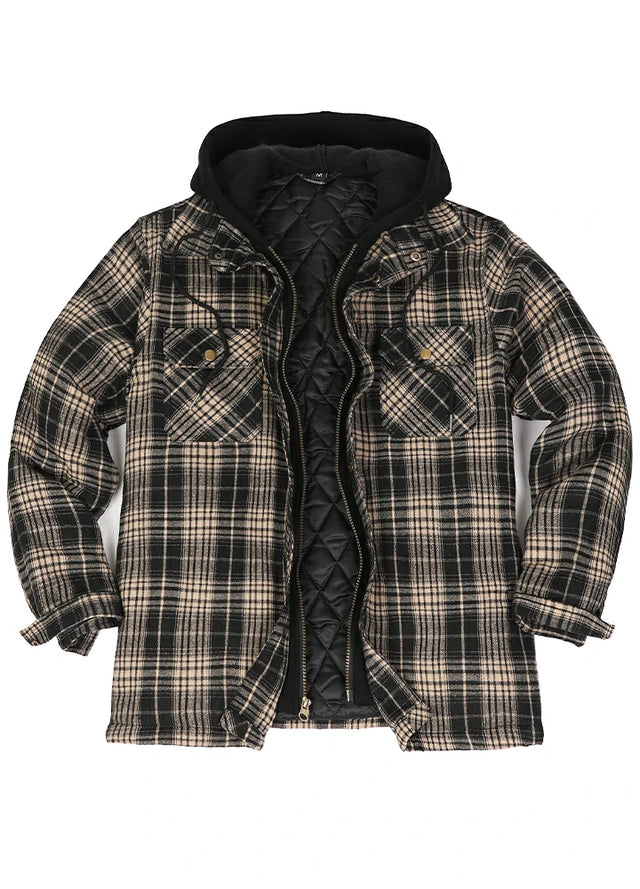 Front view of a khaki black men's warm quilted lined flannel jacket