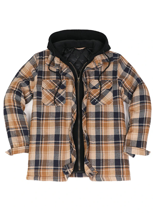 Front view of a latte navy men's plaid quilted lined hoodie