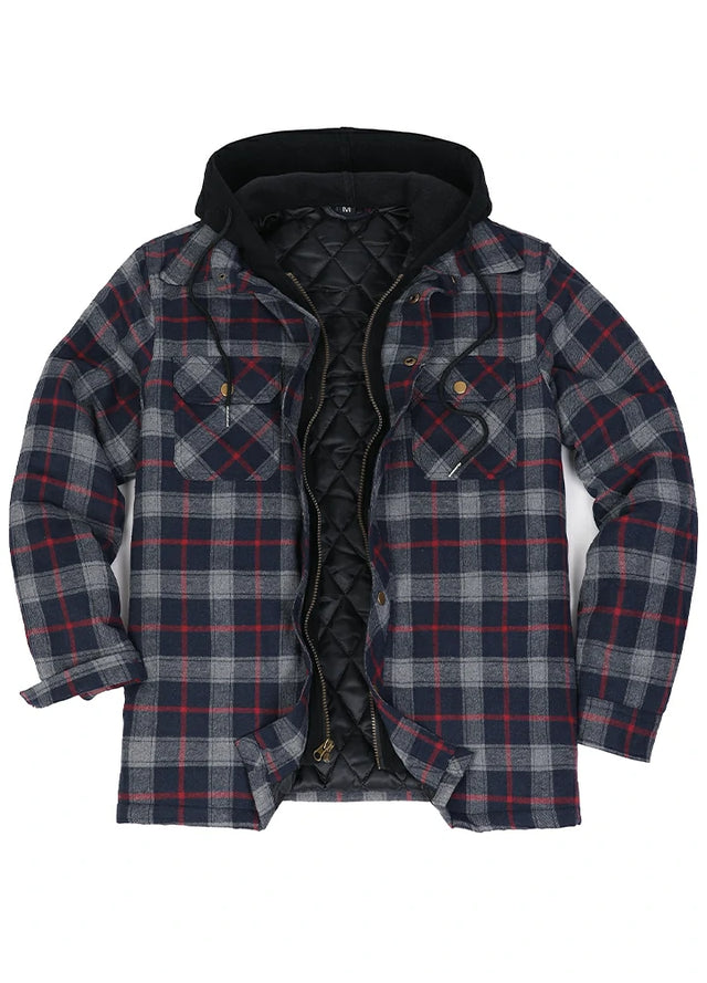 Dicke, karierte Flanellhemdjacke mit Kapuze und gestepptem Futter für Herren