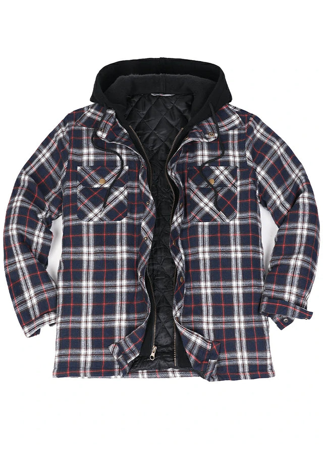 Dicke, karierte Flanellhemdjacke mit Kapuze und gestepptem Futter für Herren