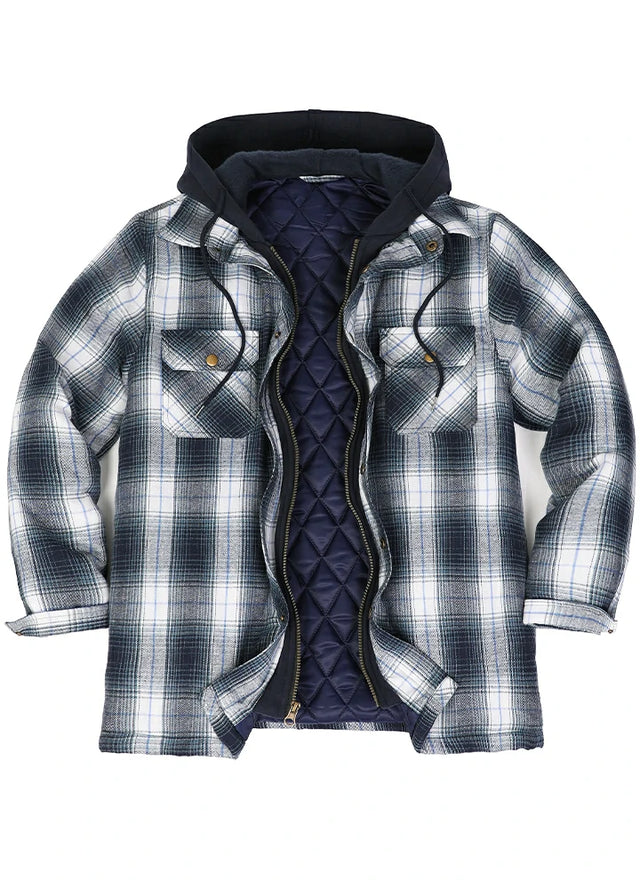 Front view of a men's navy white quilted lined flannel hooded jacket