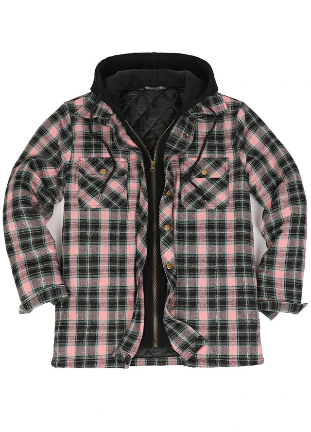 Front view of a pink and black plaid quilted lined shacket for men