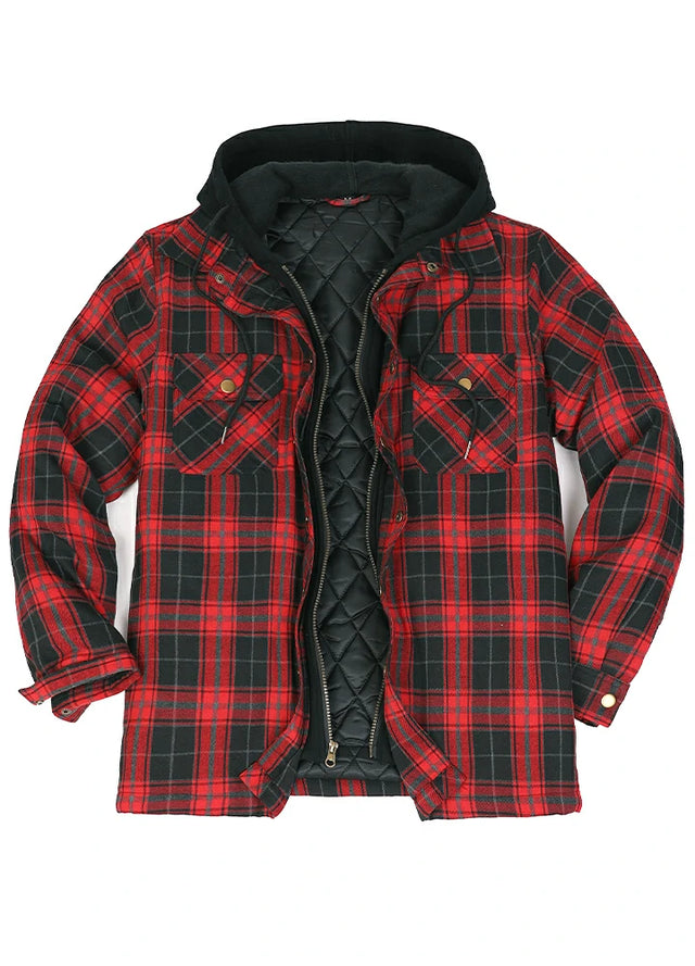 Front view of a men's red black quilted lined flannel jacket