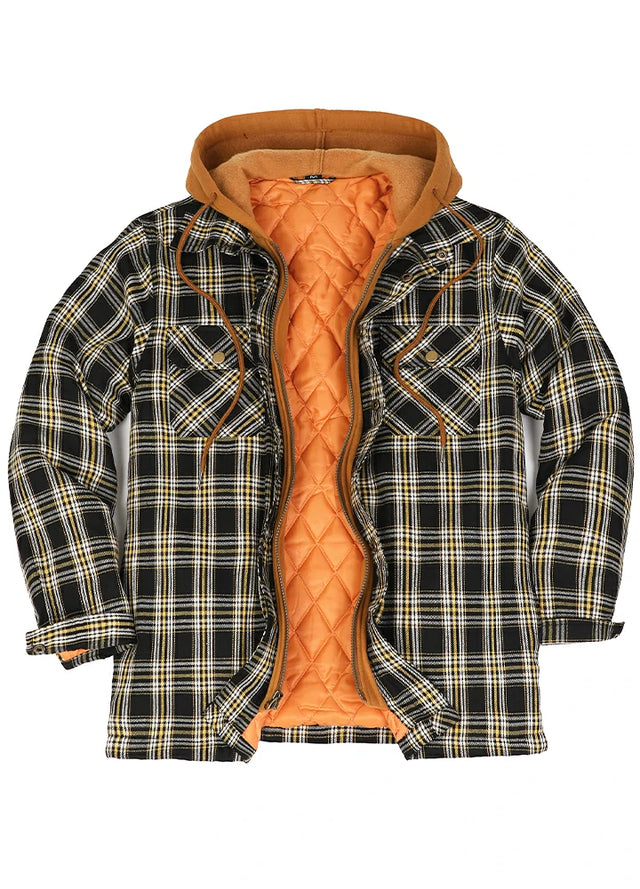 Front view of yellow and black men's plaid hooded shirt jacket with quilted lined