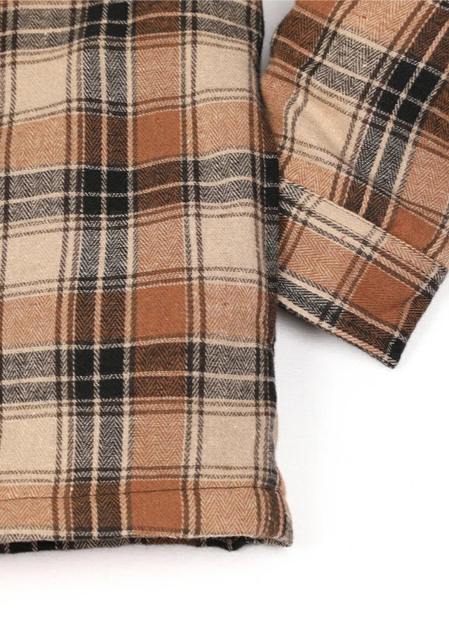 Close-up of the hand pocket of the brown and black men's stylish quilted lined plaid shacket
