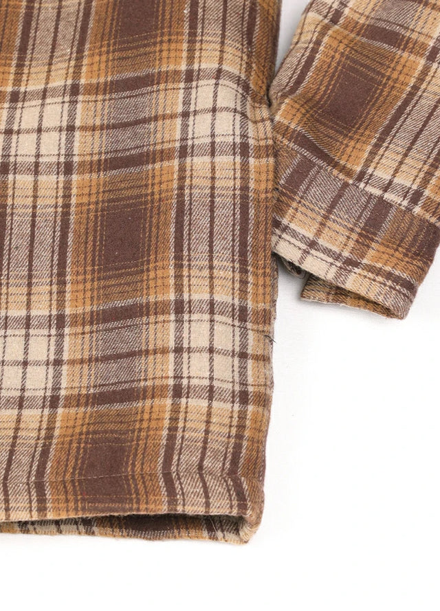 Close-up of the hand pocket of coffee khaki men's plaid hooded with quilted lined