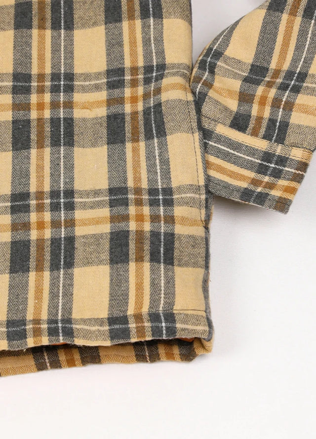 Close-up of the hand pocket of a khaki gray men's stylish quilted lined flannel hooded