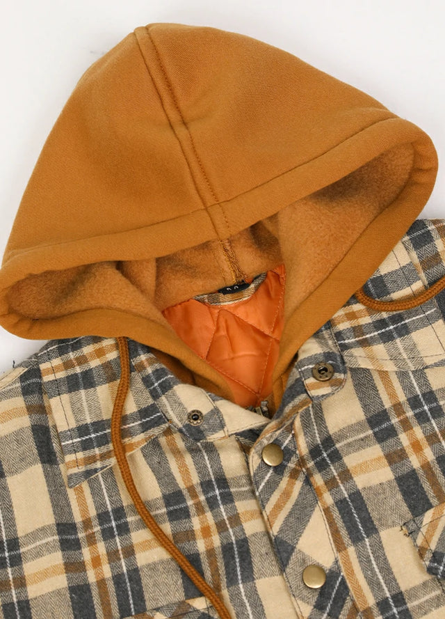 Close-up of the hood of a men's khaki gray quilted lined flannel shirt hooded