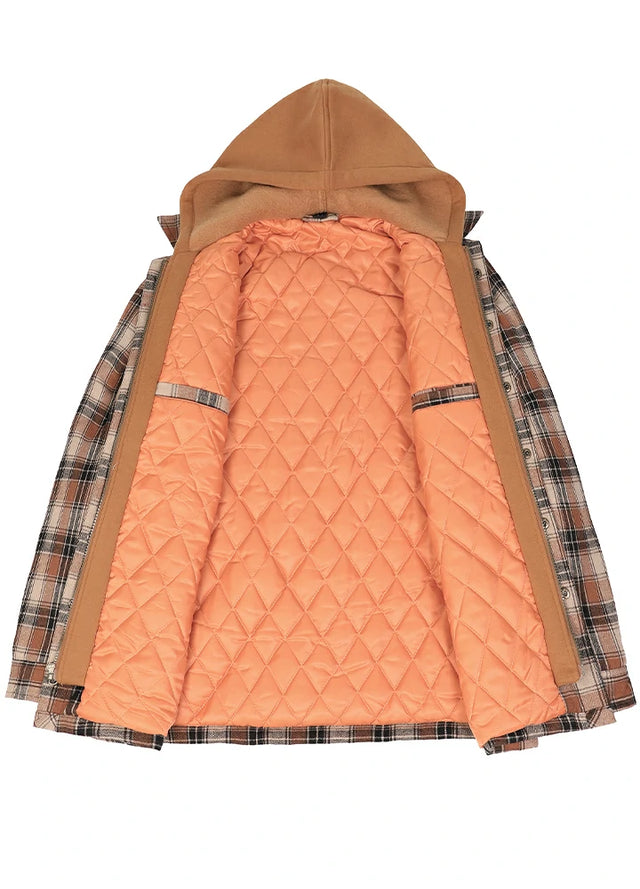 Front view of the lining of a brown and black cozy quilted lined flannel shacket for men