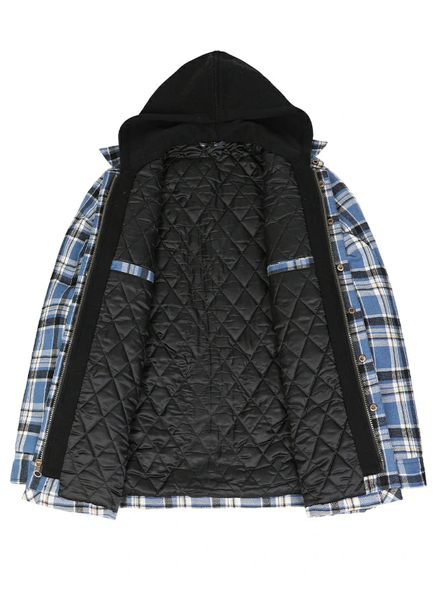 Front view of the lining of blue and white cozy quilted lined flannel jacket for men