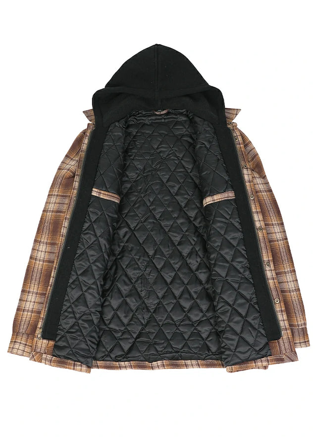Front view of the lining of a coffee khaki men's plaid hooded with quilted lined