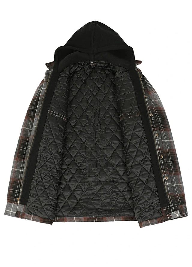 Dicke, karierte Flanellhemdjacke mit Kapuze und gestepptem Futter für Herren