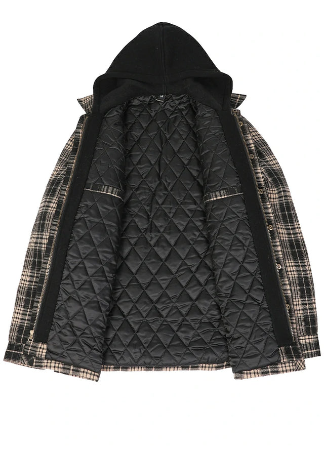 Front view of the lining of a khaki black cozy quilted lined flannel jacket for men