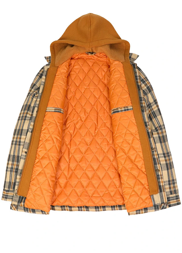 Front view of the lining of a khaki gray men's quilted lined flannel shirt hooded