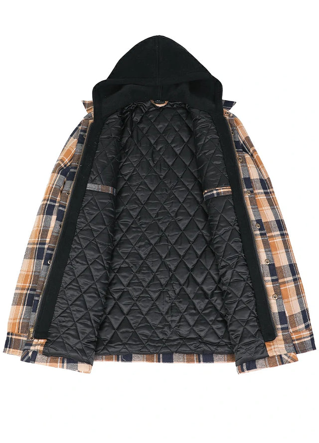 Front view of the lining of a latte navy cozy men's plaid quilted lined hoodie