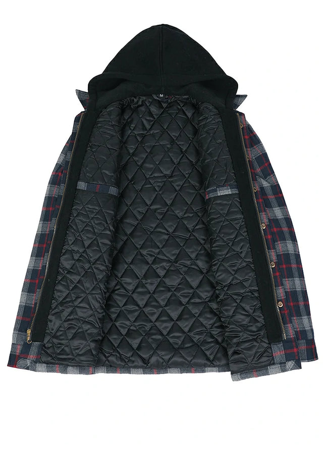 Dicke, karierte Flanellhemdjacke mit Kapuze und gestepptem Futter für Herren
