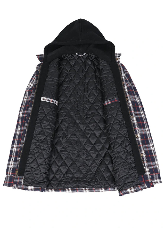 Dicke, karierte Flanellhemdjacke mit Kapuze und gestepptem Futter für Herren