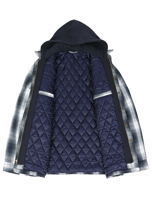 Front view of the lining of a men's navy white quilted lined flannel hooded jacket