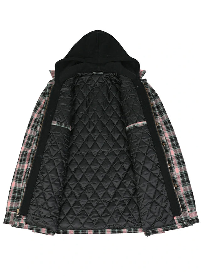 Front view of the lining of the pink and black plaid quilted lined shacket for men